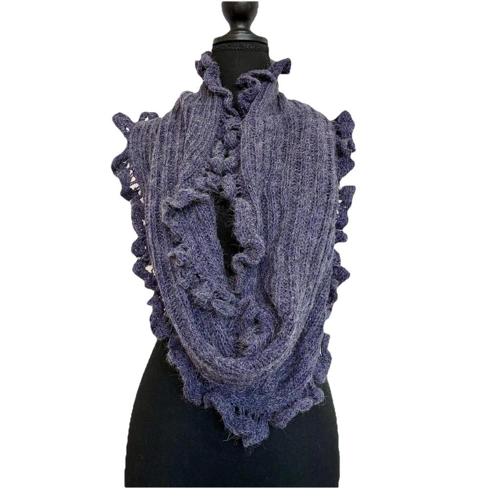 Ruffle Knit Alpaca Wool Blend Scarf Purple Made In Italy One Size Women's Winter